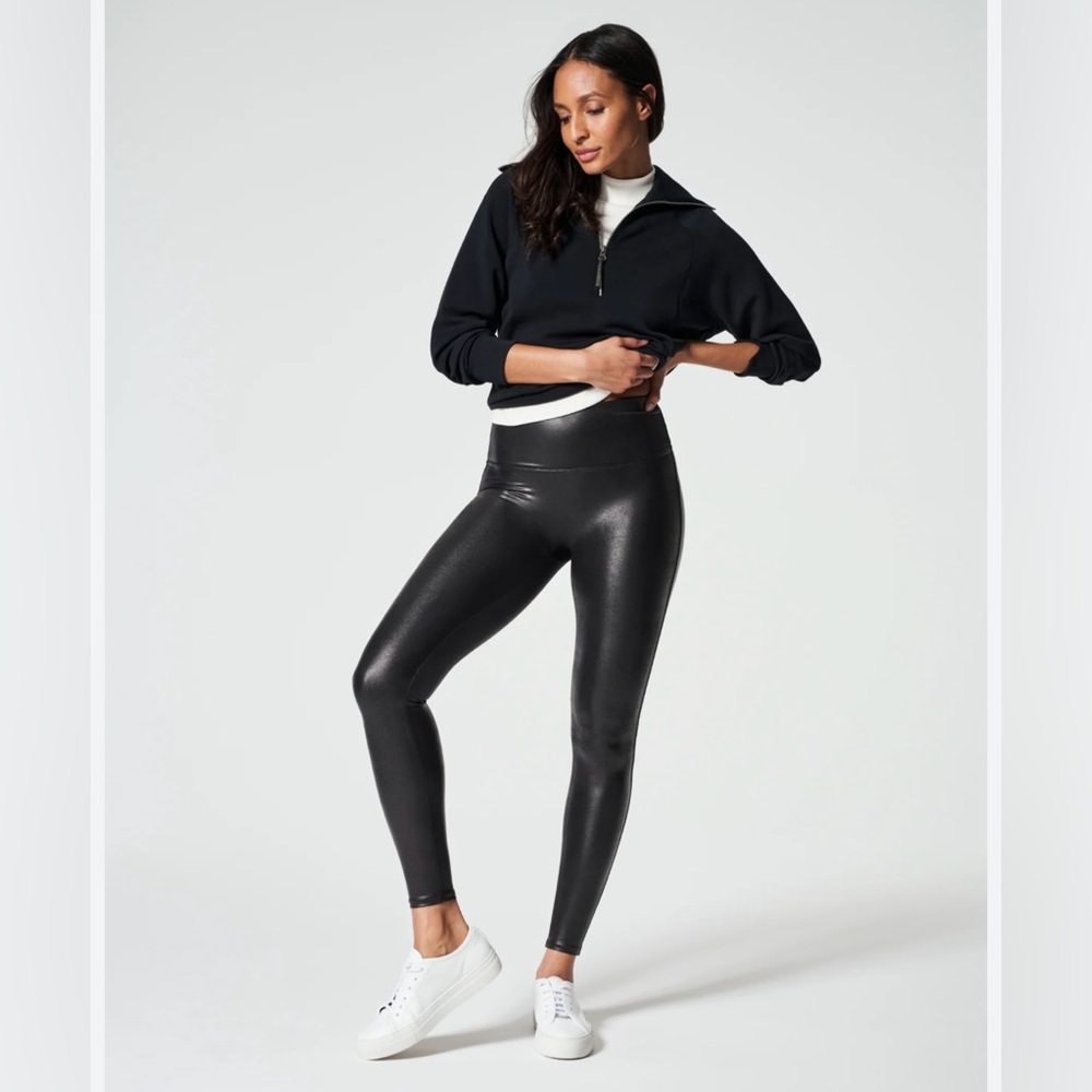 Women's Spanx Black Faux Leather Leggings Tummy Control Size XL